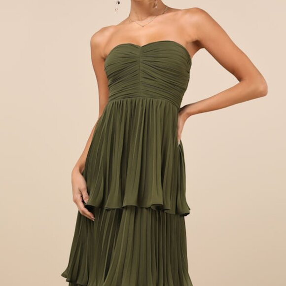 Lulus Seriously Sensational Olive Green Strapless Tiered Maxi Dress - Size M - Picture 1 of 2